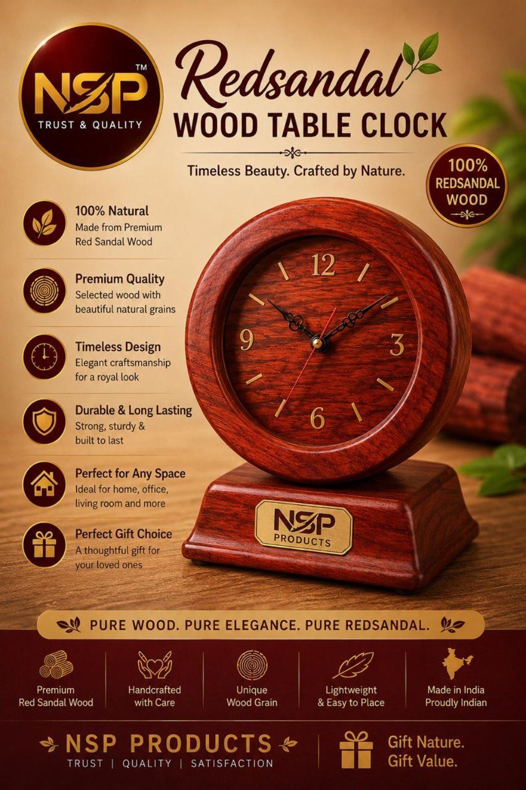 Redsandal Wood Table Clock