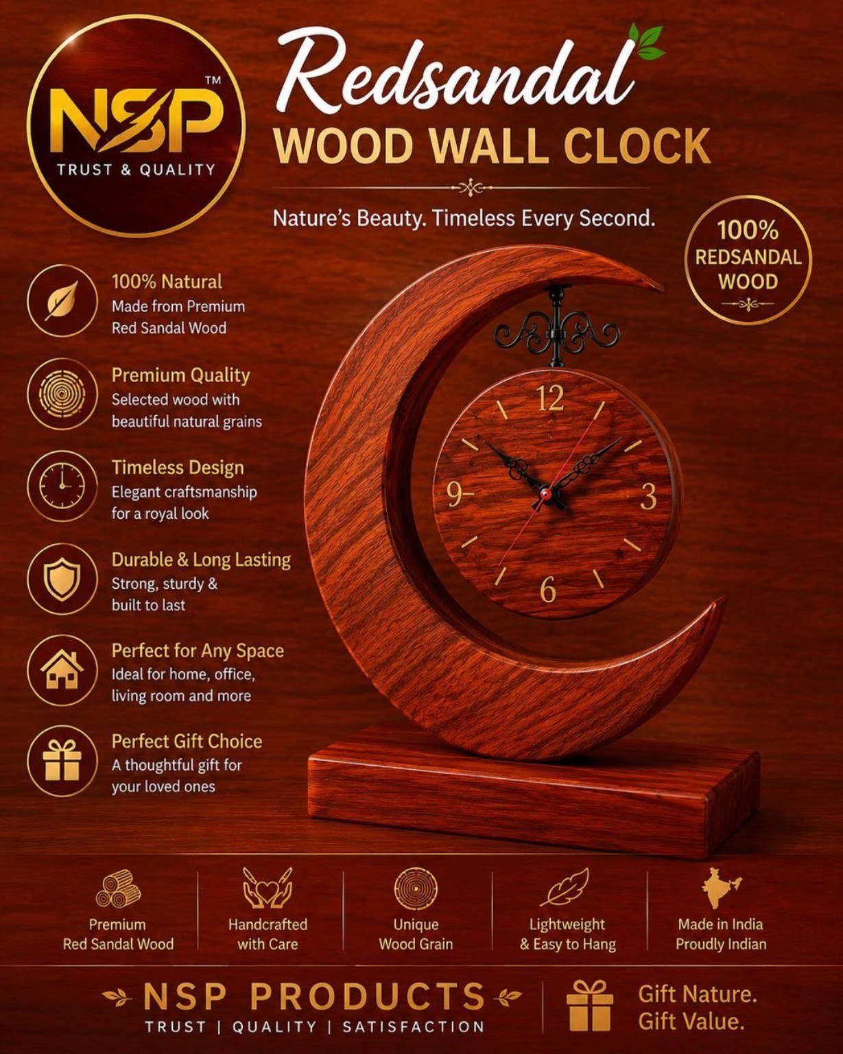 Redsandal Wood Wall Clock - Crescent Design